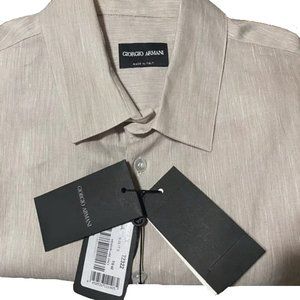 NEW $495 Giorgio Armani Black Label Dress Shirt! e 42 US 16.5  Tan  Cotton Linen